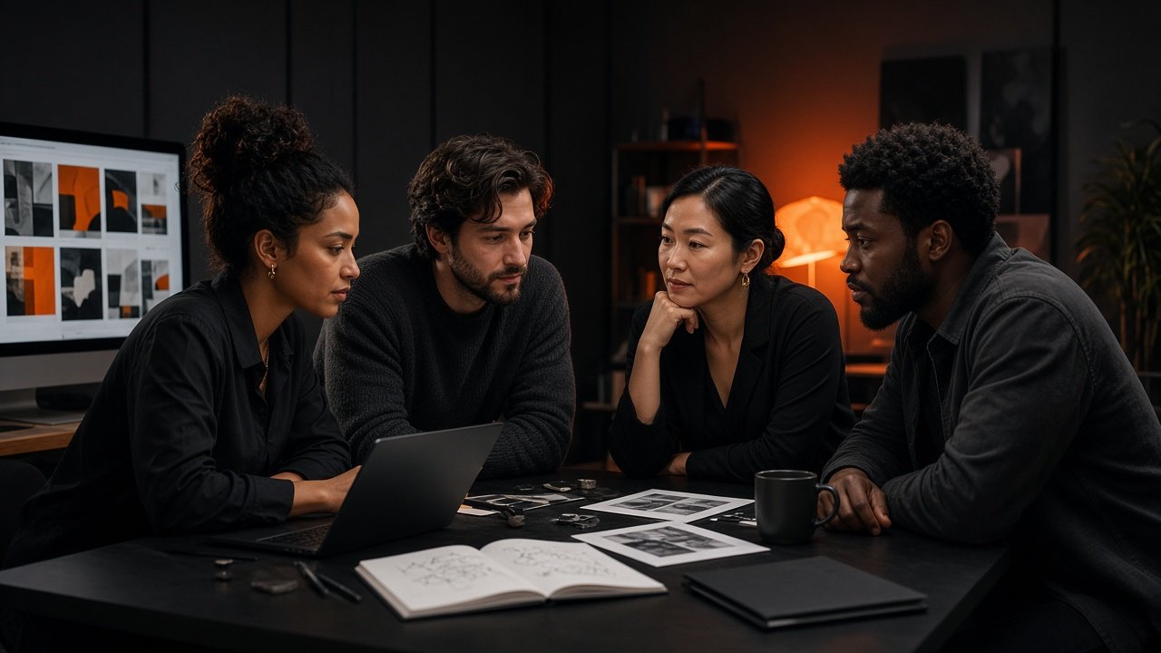 OneSource team collaborating in a dark studio