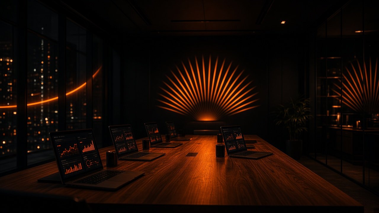 OneSource studio workspace at night with orange light
